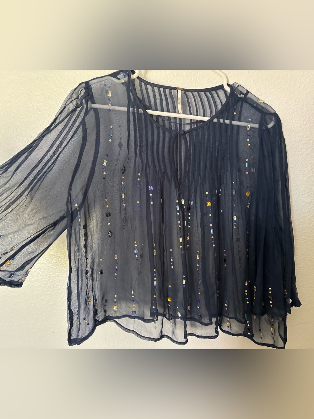 Free People Navy Sheer Embellished Women’s Blouse - Picture 4 of 4